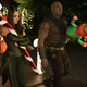 the characters holding christmas decorations